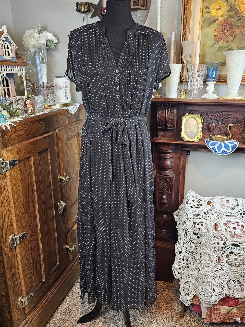 Robert Louis Black White Polka Dot Tie Waist Maxi Dress XL